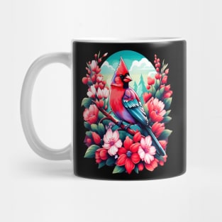 Cute Northern Cardinal Surrounded by Vibrant Spring Flowers Mug